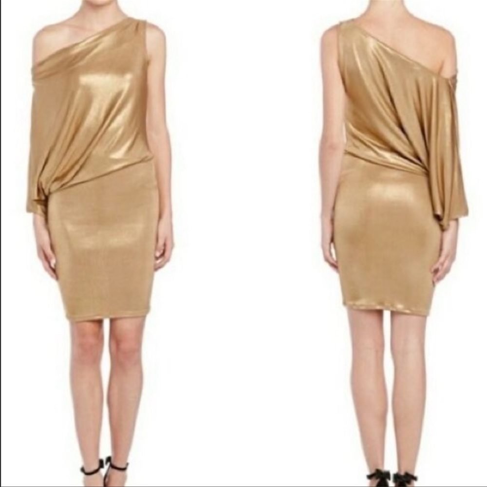 BCBGMaxAzria “Abrial” Asymmetrical Metallic Gold Cocktail Dress - Picture 7 of 10